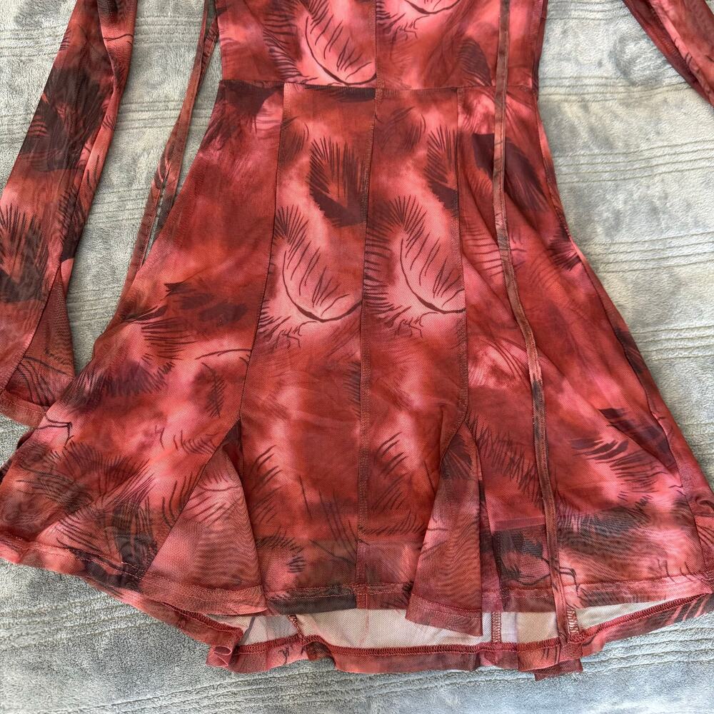 Cider Red Mesh Long Bell Sleeved Off The Shoulder Mini Dress Women's XS - Picture 5 of 11